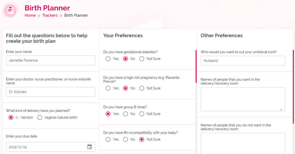 Women's Health Tracker Online Birth Planner