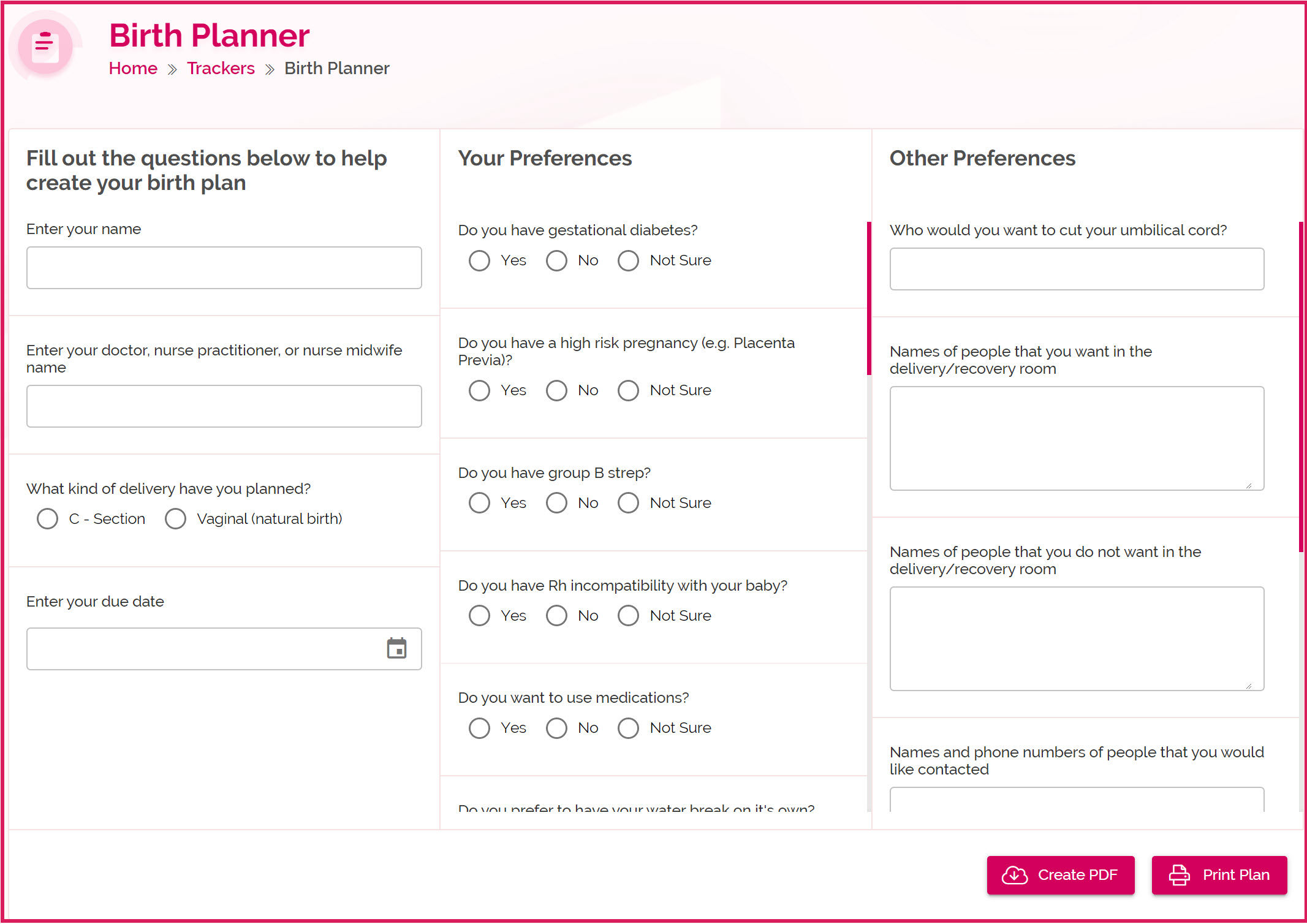 Birth Planner in Women's Health Tracker